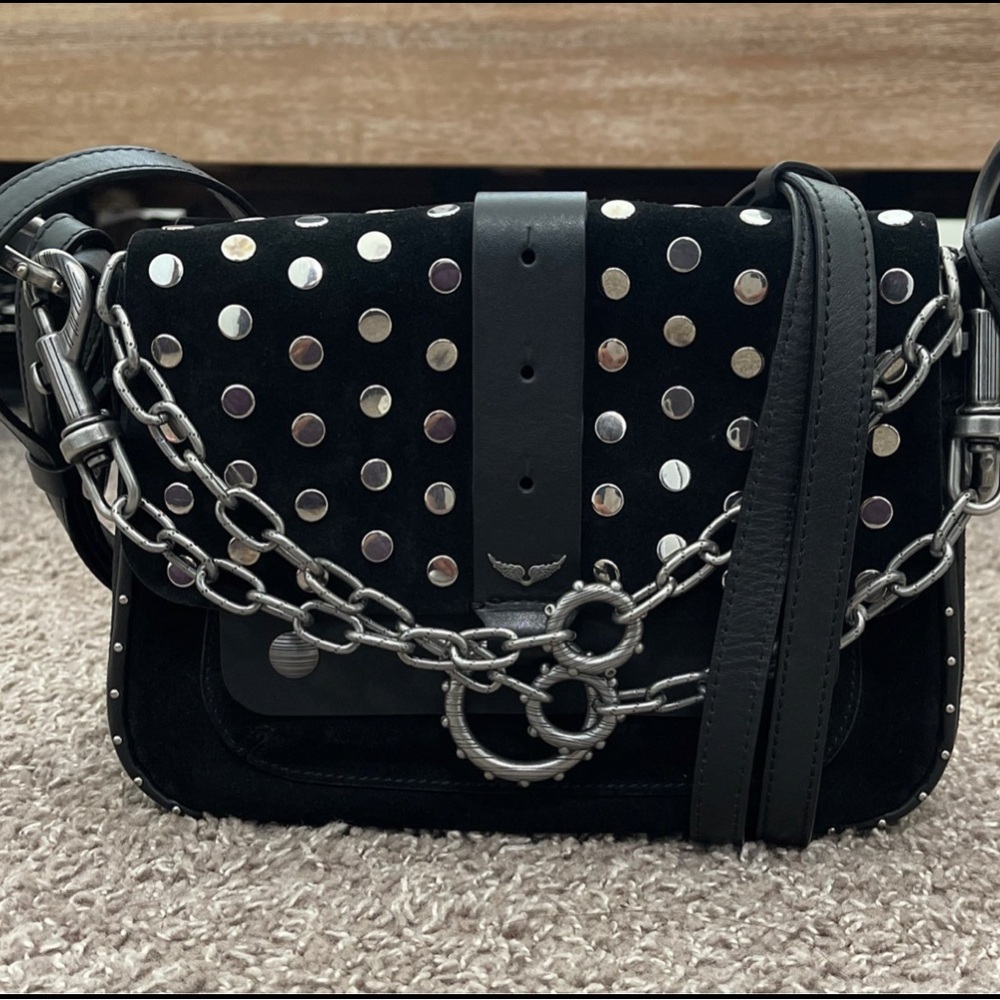 Zadig Voltaire Kate Moss Studded Suede Crossbody Bag Black